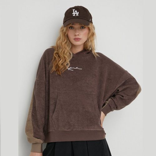 KARL KANI SWEATSHIRT SMALL SIGNATURE BLOCK OS TOWELING HOODIE BROWN/TAUPE XS